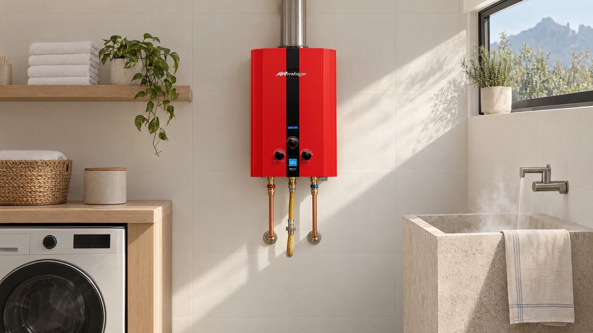 Boiler de paso Mirage Flux rojo instalado en un cuarto de lavado luminoso
