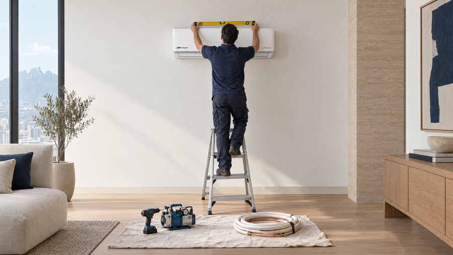 Técnico instalador nivelando un minisplit Mirage Life 12 recién montado en la pared