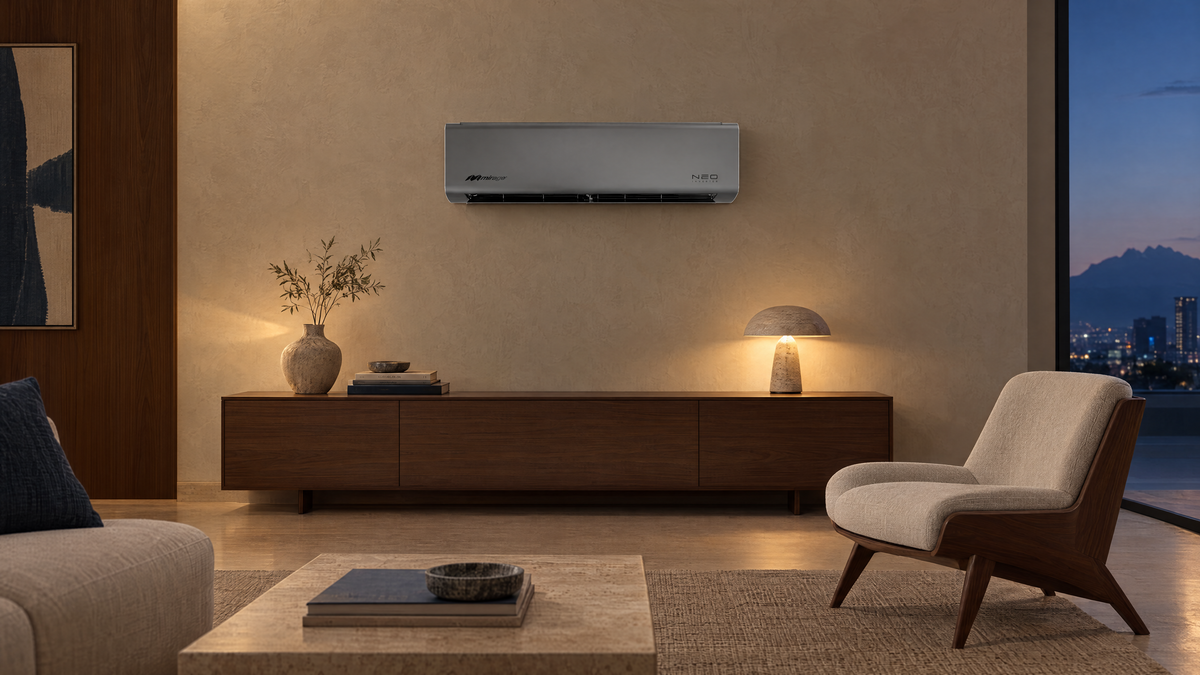 Sala de diseño al anochecer con minisplit Mirage NEO Inverter color grafito sobre un aparador de nogal