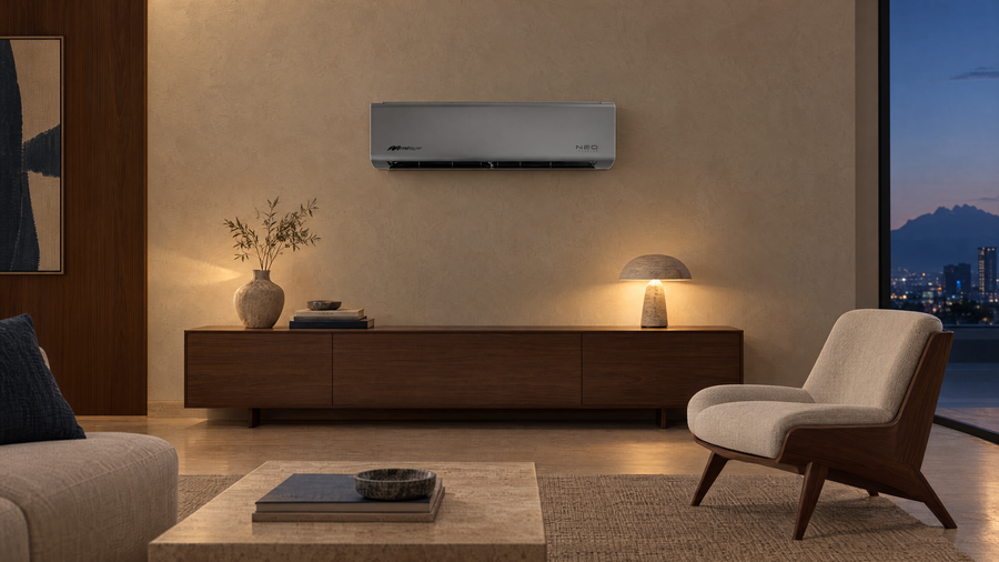 Sala de diseño al anochecer con minisplit Mirage NEO Inverter color grafito sobre un aparador de nogal