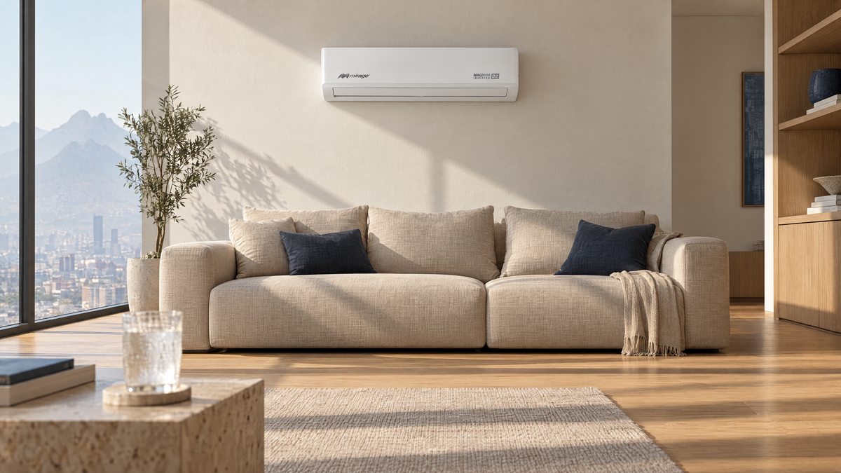 Sala luminosa en una tarde de calor en Monterrey con minisplit Mirage Magnum 22 Inverter sobre el sofá