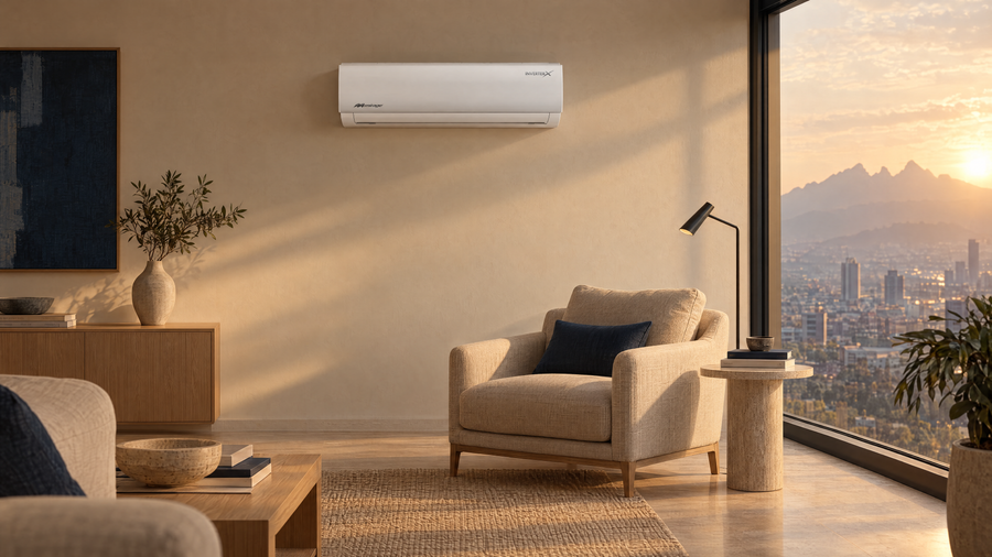 Estancia a la hora dorada con minisplit Mirage Inverter X y vista a Monterrey