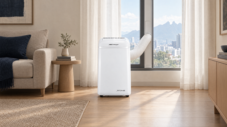Aire acondicionado portátil Mirage X-One junto a la ventana de un departamento