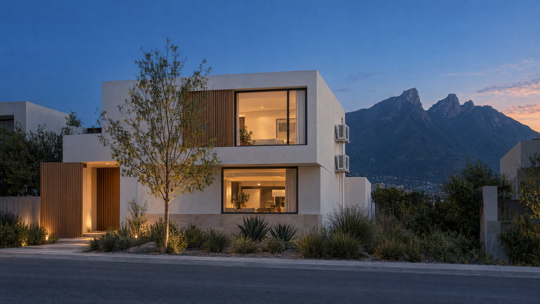 Casa contemporánea en Monterrey a la hora azul con las condensadoras en el muro lateral y el Cerro de la Silla al fondo