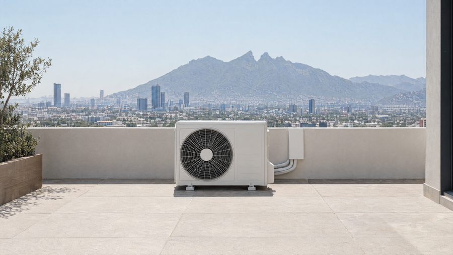 Condensadora de minisplit en la azotea de una casa en Monterrey con el Cerro de la Silla al fondo a mediodía