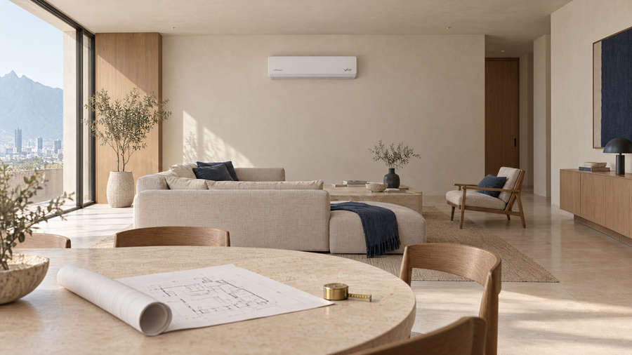 Sala-comedor amplia con minisplit Mirage V32 Inverter, plano arquitectónico y cinta métrica para calcular el tonelaje