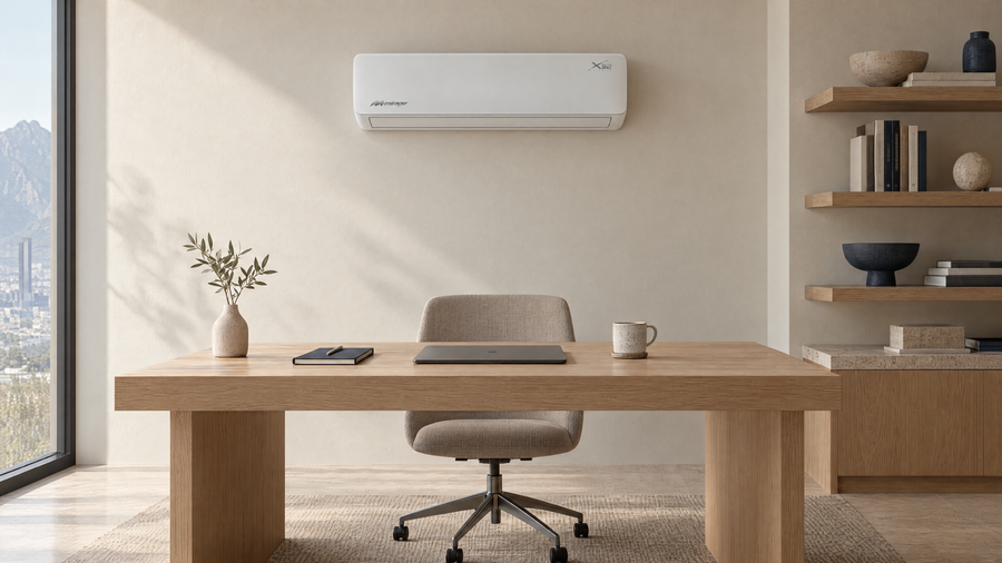 Oficina en casa con minisplit Mirage X32 Inverter sobre el escritorio