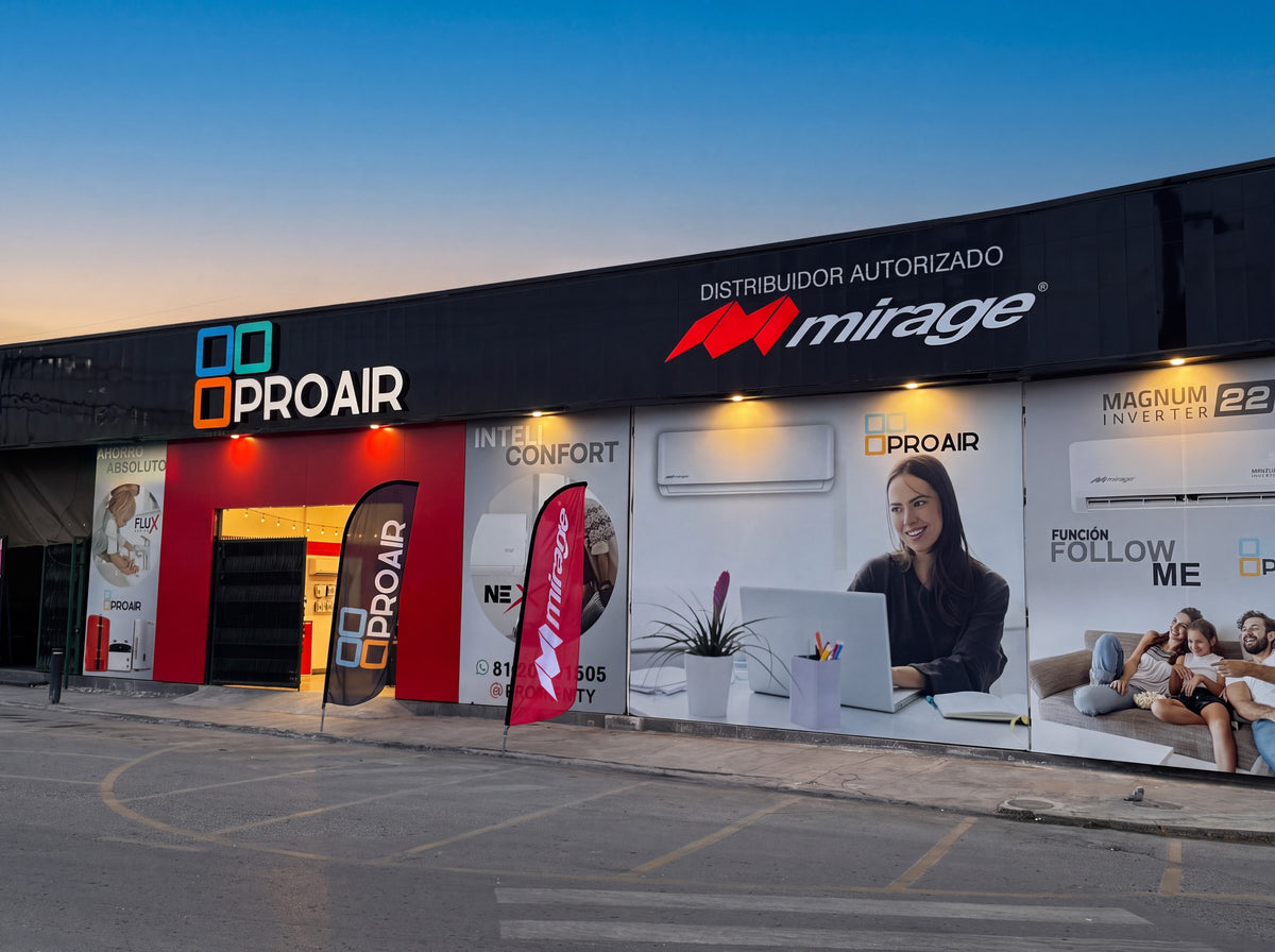 Fachada de la sucursal ProAir en Av. Eugenio Garza Sada 1417, Monterrey, al atardecer